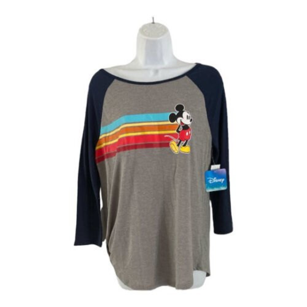 NWT Disney Mickey Mouse Gray T Shirt Juniors Large 11/13 Blue Raglan Sleeve Tee